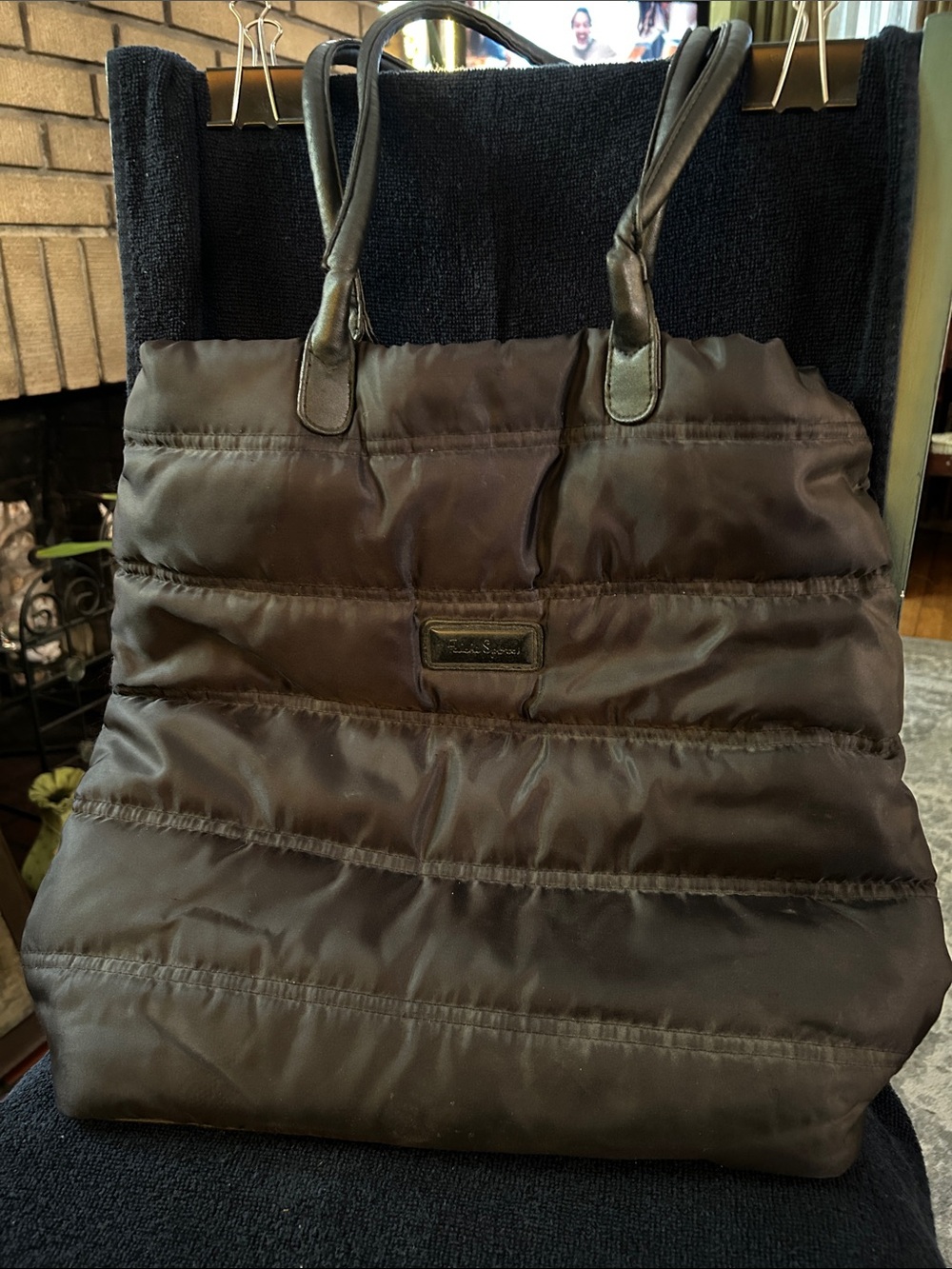 Falchi Sport Black Nylon Quilted Tote Bag with Leather Straps and Bottom